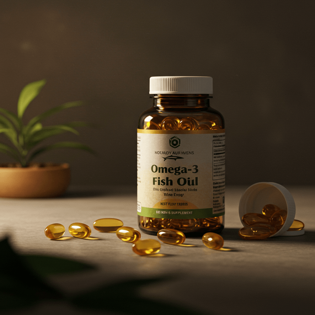 Omega-3 Fish Oil Bottle with Capsules on a Table